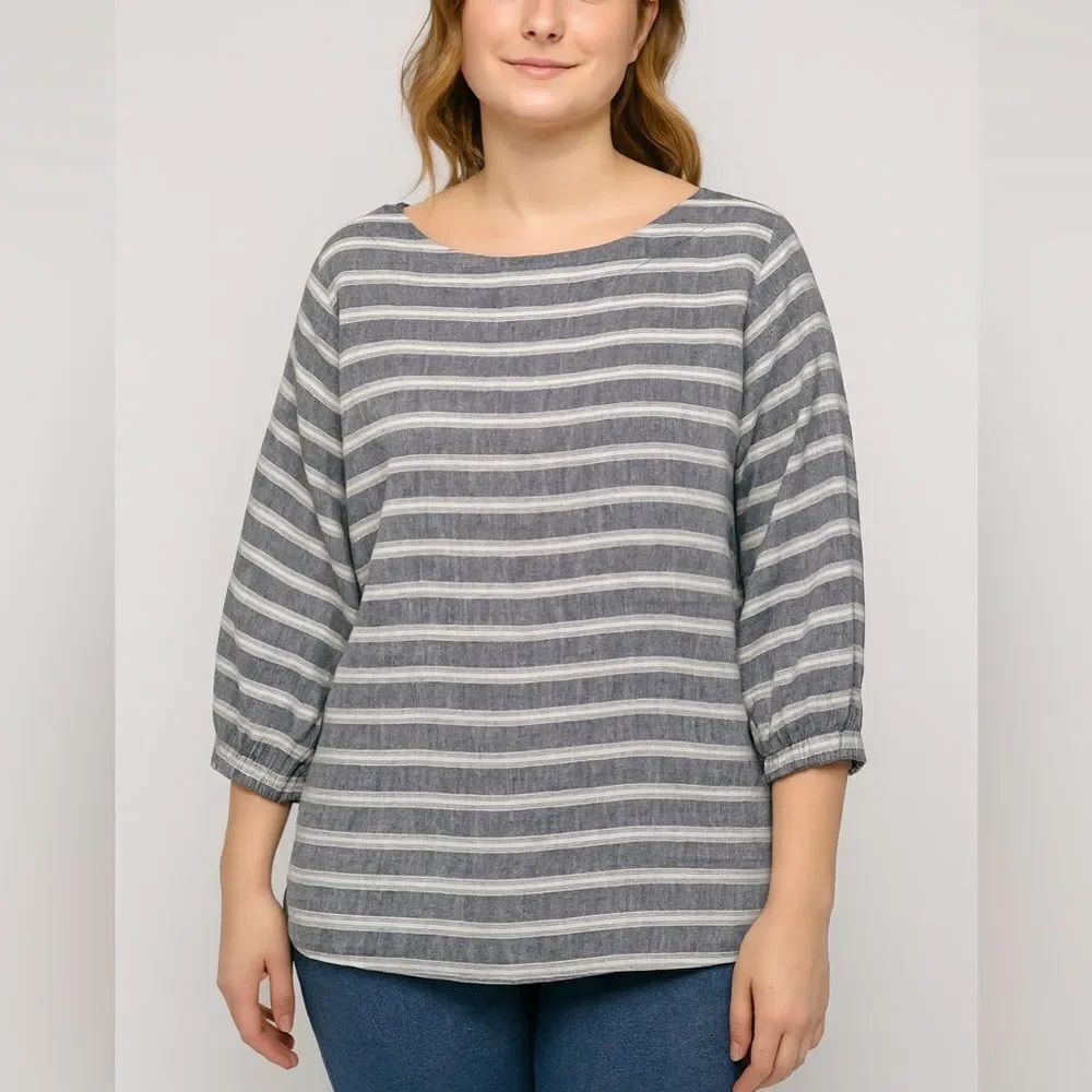 Christian Siriano Linen Gray And White Striped 3/4 Sleeve Top Size L